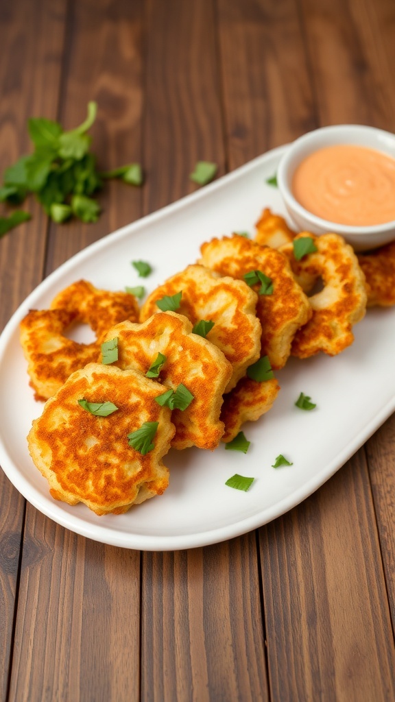 Crispy cauliflower fritters on a plate with herbs and dipping sauce.